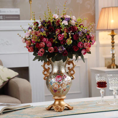 ALDO Arts & Crafts>Creative Arts >Pottery Resin  Pearl Lustra Golden Vase With Roses Single Handles and Dry Flowers Arrangements / new / resin European Vintage Style Sculptural Vase with Flower Arrangements