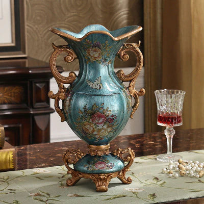 ALDO Arts & Crafts>Creative Arts >Pottery Resin  Pearl Lustra Green Vase With Roses and Double Handles / new / resin European Vintage Style Sculptural Vase with Flower Arrangements