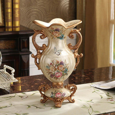ALDO Arts & Crafts>Creative Arts >Pottery Resin  Pearl Lustra Off Wite Vase With Roses and Double Handles / new / resin European Vintage Style Sculptural Vase with Flower Arrangements
