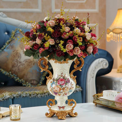 ALDO Arts & Crafts>Creative Arts >Pottery Resin  Pearl Lustra Vase With Roses Double Handles and Dry Flower Arrangements 6.5"Wx5"Dx15"H / new / resin European Vintage Style Sculptural Vase with Flower Arrangements