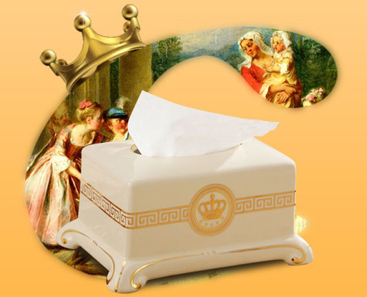 ALDO Bathroom Accessories > Facial Tissue Holders 3 Ivory Gold Crown Style Handmade Fine Ceramic Designer Tissue Box With Real Gold Leaf.