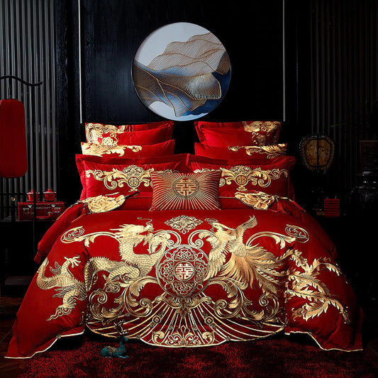 ALDO Bedding >Comforters & Sets 4pcs / Quinn Gold Phoenix Luxury Royal Egyptian Cotton Red Duvet Cover Set