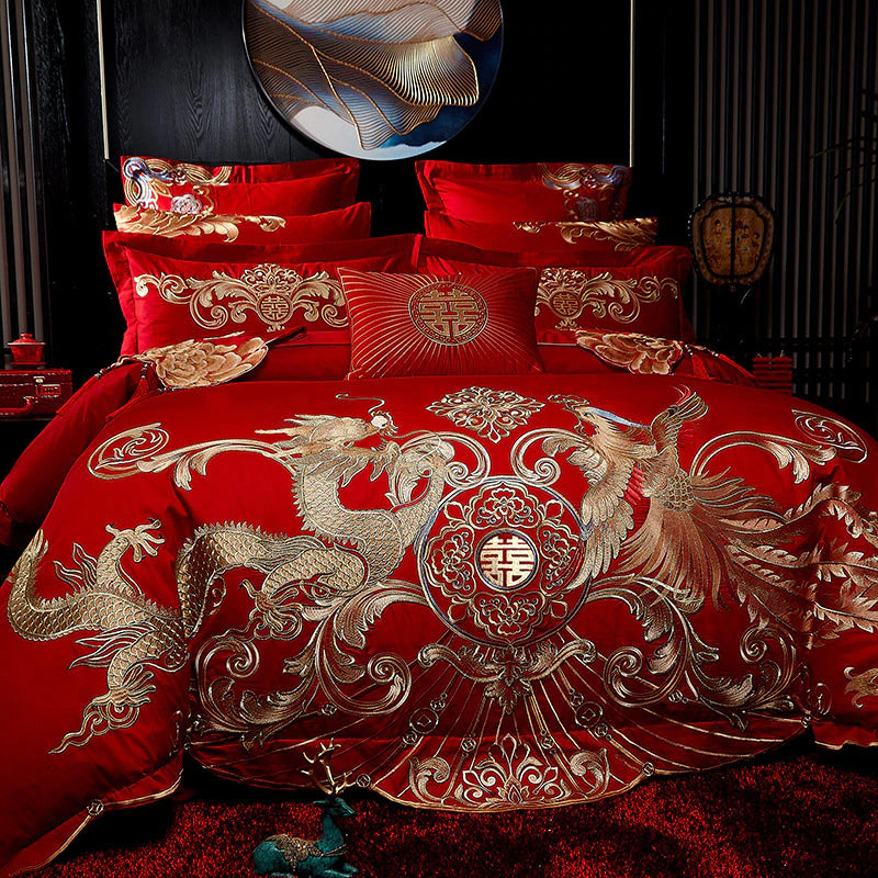 ALDO Bedding >Comforters & Sets 6pcs / King Gold Phoenix Luxury Royal Egyptian Cotton Red Duvet Cover Set