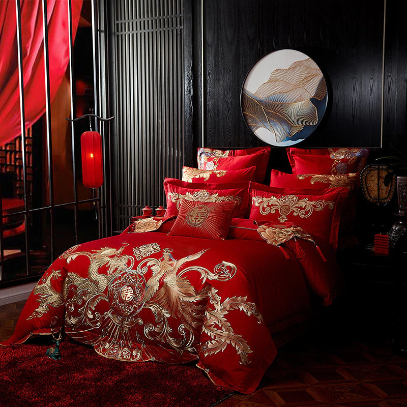 ALDO Bedding >Comforters & Sets 9pcs / King Gold Phoenix Luxury Royal Egyptian Cotton Red Duvet Cover Set