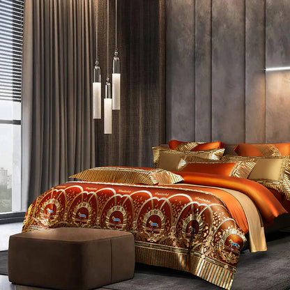 ALDO Bedding >Comforters & Sets Brown / King / Cotton Luxury Gold Horse Lace Edge Embroidery Palace Bedding Set Bamboo Fiber Cotton Cozy Quilt Cover Set Bed Sheet & Pillowcases