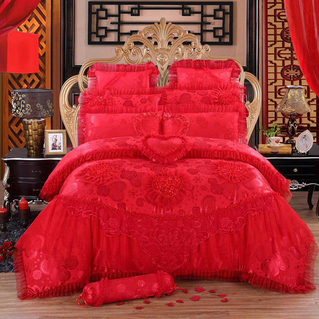 ALDO Bedding >Comforters & Sets C / Queen Size / 4pcs Luxury  Red Lace Princess Satin Cotton Duvet Cover Bedding Set With Pillow Covers