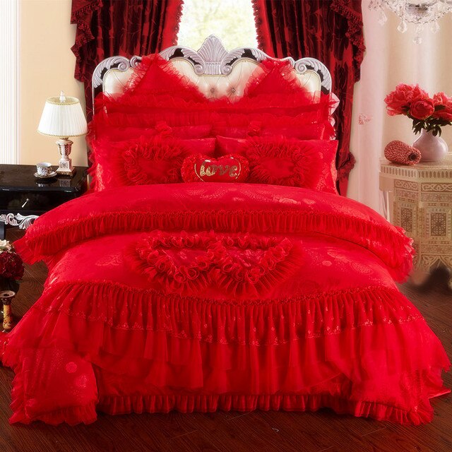 ALDO Bedding >Comforters & Sets E / Queen Size / 4pcs Luxury  Red Lace Princess Satin Cotton Duvet Cover Bedding Set With Pillow Covers