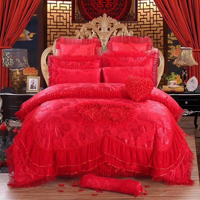 ALDO Bedding >Comforters & Sets G / Queen Size / 4pcs Luxury  Red Lace Princess Satin Cotton Duvet Cover Bedding Set With Pillow Covers