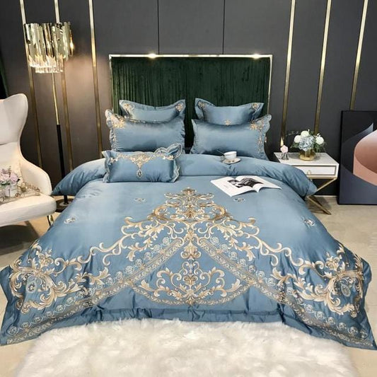 ALDO Bedding >Comforters & Sets Light Blue / Queen Size / 4pcs Royal Gold Embroidery Satin Cotton  Luxury Light Blue Soft Smooth Quilt Duvet Cover Bedspread Bedding Set With Pillow Covers