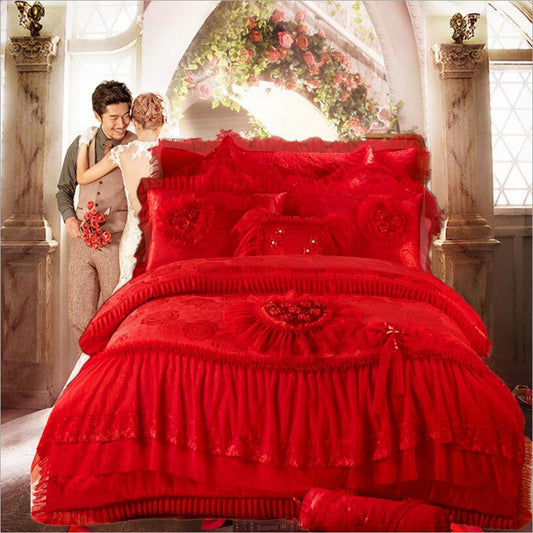ALDO Bedding >Comforters & Sets Luxury  Red Lace Princess Satin Cotton Duvet Cover Bedding Set With Pillow Covers