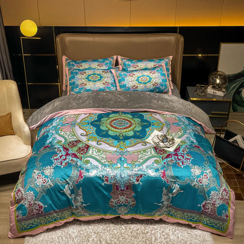 ALDO Bedding >Comforters & Sets New  Queen Blue  4 piece Set / 100% Cotton / Multy Colors Luxury Versace Style Luxury Egyptian Cotton Duvet Bedding Set with Embroidery