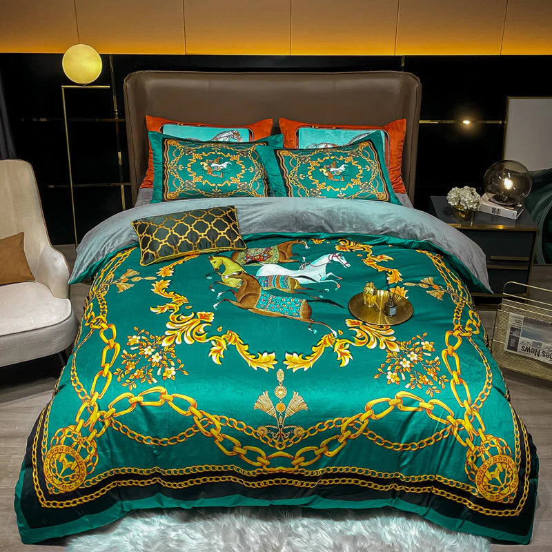 ALDO Bedding >Comforters & Sets New Queen Green  4 piece Set / 100% Cotton / Multy Colors Luxury Versace Style Luxury Egyptian Cotton Duvet Bedding Set with Embroidery