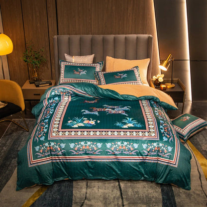 ALDO Bedding >Comforters & Sets New Queen Green with Flowers 4 piece Set / 100% Cotton / Multy Colors Luxury Versace Style Luxury Egyptian Cotton Duvet Bedding Set with Embroidery