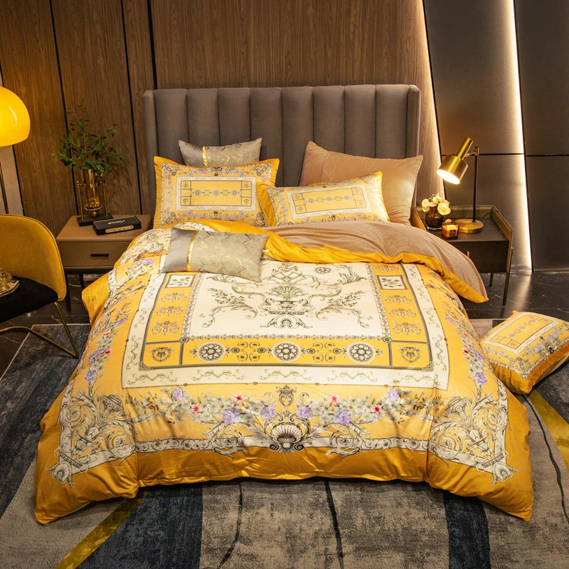 ALDO Bedding >Comforters & Sets New Quinn Yellow  4 piece Set / 100% Cotton / Multy Colors Luxury Versace Style Luxury Egyptian Cotton Duvet Bedding Set with Embroidery