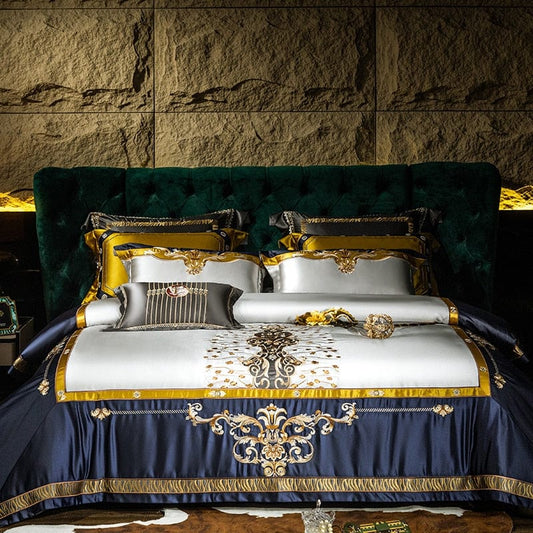 ALDO Bedding >Comforters & Sets New  USA Queen 4 Pieces Set / 100% Cotton / Blue and White Sultan's Finest Royal Blue Style Luxury Duvet Set Egyptian Cotton With Golden Embroidery