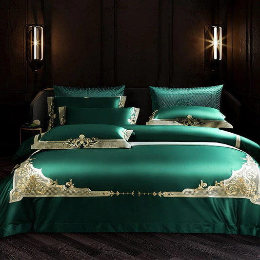 ALDO Bedding >Comforters & Sets New  USA Queen 4 Pieces Set / 100% Cotton / Maroon Persian Royal Green Luxury Duvet Set 100% Egyptian Cotton With Golden Embroidery