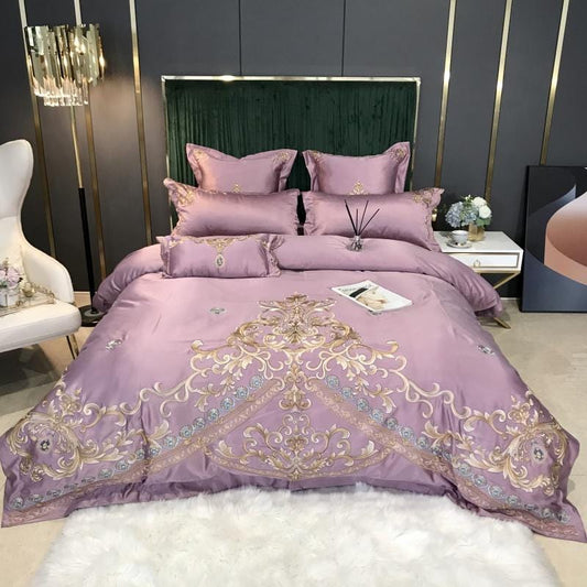 ALDO Bedding >Comforters & Sets Pink / Queen Size / 4pcs Royal Gold Embroidery Satin Cotton Luxury Pink Soft Smooth Quilt Duvet Cover Bedspread Bedding Set With Pillow Covers