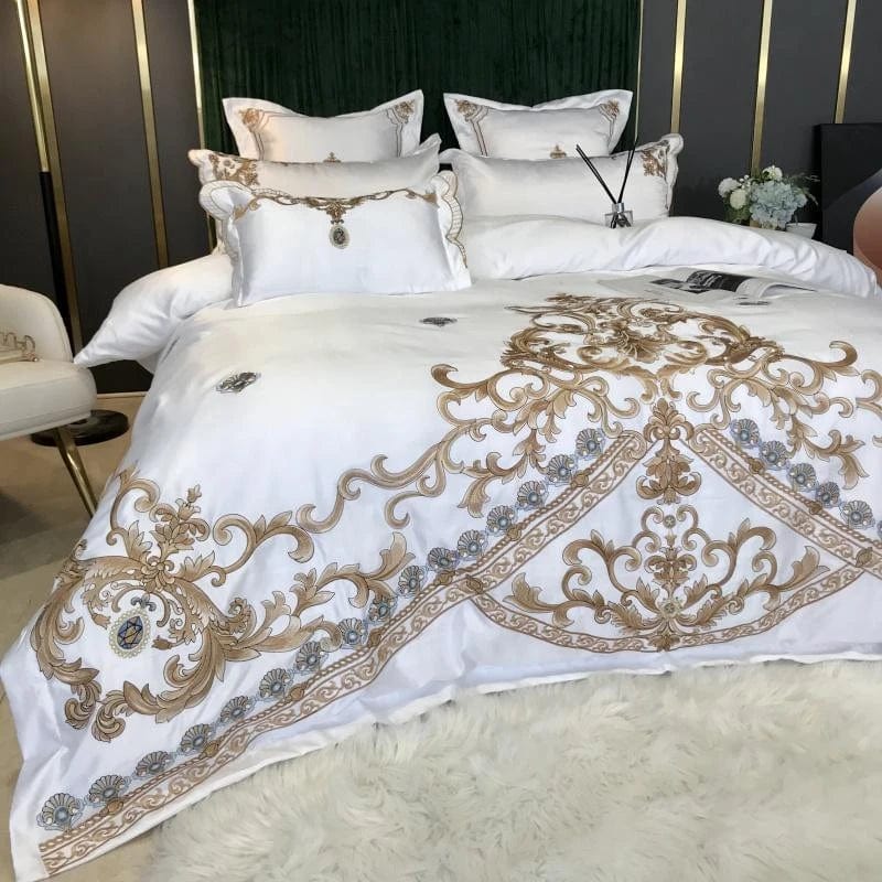 ALDO Bedding >Comforters & Sets Royal Gold Embroidery Satin Cotton Bedding Set Luxury White Soft Smooth Quilt Duvet Cover Bedspread Bedding Set With Pillow Covers