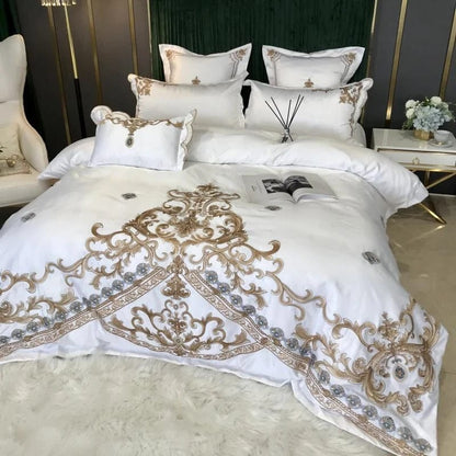 ALDO Bedding >Comforters & Sets Royal Gold Embroidery Satin Cotton Bedding Set Luxury White Soft Smooth Quilt Duvet Cover Bedspread Bedding Set With Pillow Covers