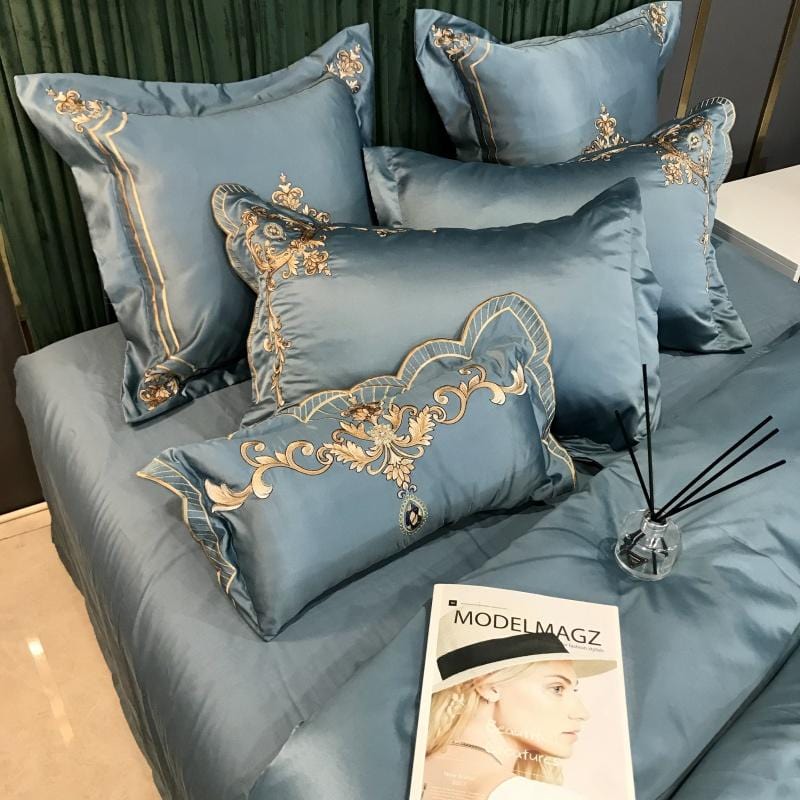 ALDO Bedding >Comforters & Sets Royal Gold Embroidery Satin Cotton  Luxury Light Blue Soft Smooth Quilt Duvet Cover Bedspread Bedding Set With Pillow Covers