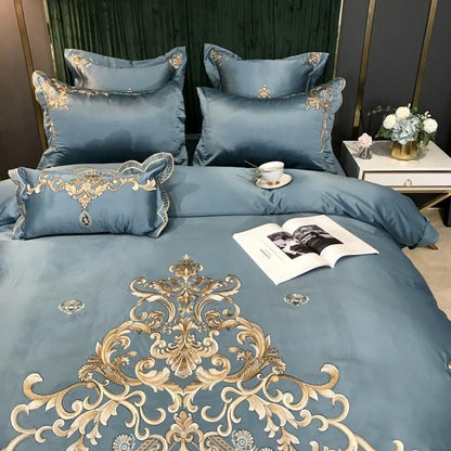 ALDO Bedding >Comforters & Sets Royal Gold Embroidery Satin Cotton  Luxury Light Blue Soft Smooth Quilt Duvet Cover Bedspread Bedding Set With Pillow Covers