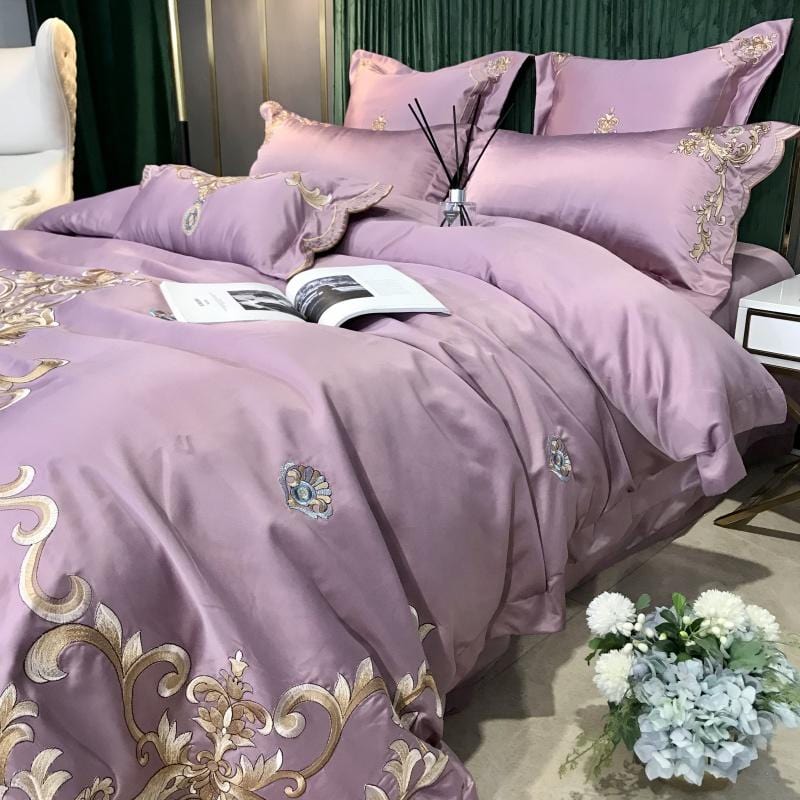 ALDO Bedding >Comforters & Sets Royal Gold Embroidery Satin Cotton Luxury Pink Soft Smooth Quilt Duvet Cover Bedspread Bedding Set With Pillow Covers