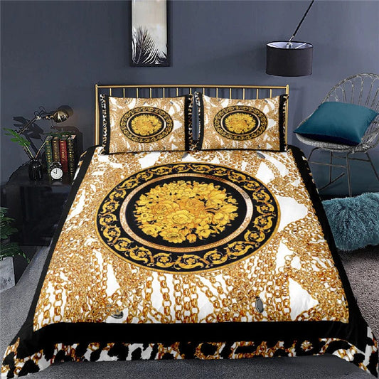 ALDO Bedding >Comforters & Sets US Twin(173x218) / Poliester / gold white and black Versace Flowers Style Laxury Duvet 3pc Set With Gold White and Black Colors