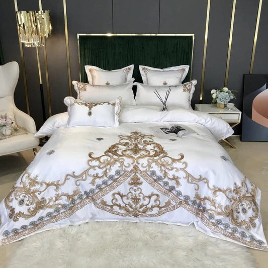 ALDO Bedding >Comforters & Sets White and Gold / Queen Size / 4pcs Royal Gold Embroidery Satin Cotton Bedding Set Luxury White Soft Smooth Quilt Duvet Cover Bedspread Bedding Set With Pillow Covers