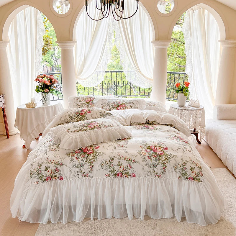 ALDO Bedding >Comforters & Sets White / Full Size / 4pcs Luxury  White  Lace Princess  Cotton Duvet Cover Bedding Set With Pillow Covers