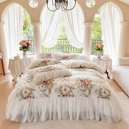 ALDO Bedding >Comforters & Sets White / Full Size / 4pcs Luxury  White  Lace Princess  Cotton Duvet Cover Bedding Set With Pillow Covers
