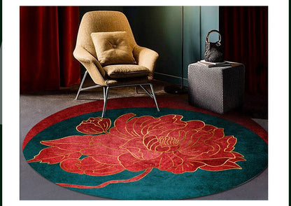 ALDO Building Materials Flooring & Carpet Luxury Far Eastern Art  Style with Red Flowers Non-Slip Round Rug Carpet