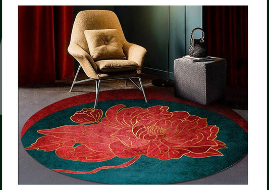 ALDO Building Materials Flooring & Carpet Luxury Far Eastern Art  Style with Red Flowers Non-Slip Round Rug Carpet