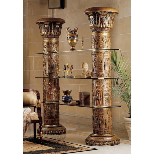 ALDO Cabinets & Storage>Curio 76"Wx21"Dx82"H / NEW / resin Egyptian Carved Columns  Wall Unit of Luxor Shelves With Real Gold Leafs