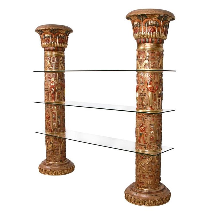 ALDO Cabinets & Storage>Curio 76"Wx21"Dx82"H / NEW / resin Egyptian Carved Columns  Wall Unit of Luxor Shelves With Real Gold Leafs