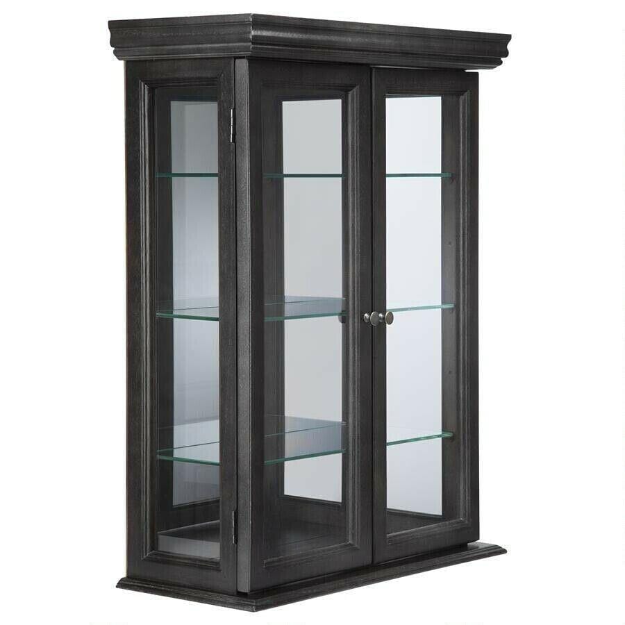 ALDO Cabinets & Storage>Curio Tuscan Country Style Handmade Hardwood Ebony Black Finish Wall Curio Cabinet