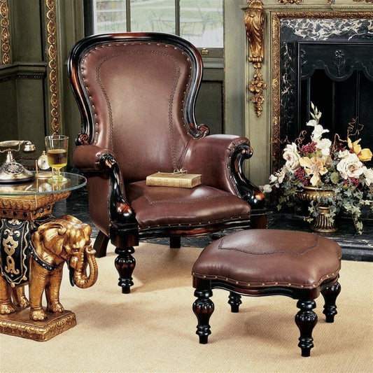 ALDO Chairs > Arm Chairs Victorian Style Rococo Mahogany Faux Leather Wing Chair and Ottoman Set