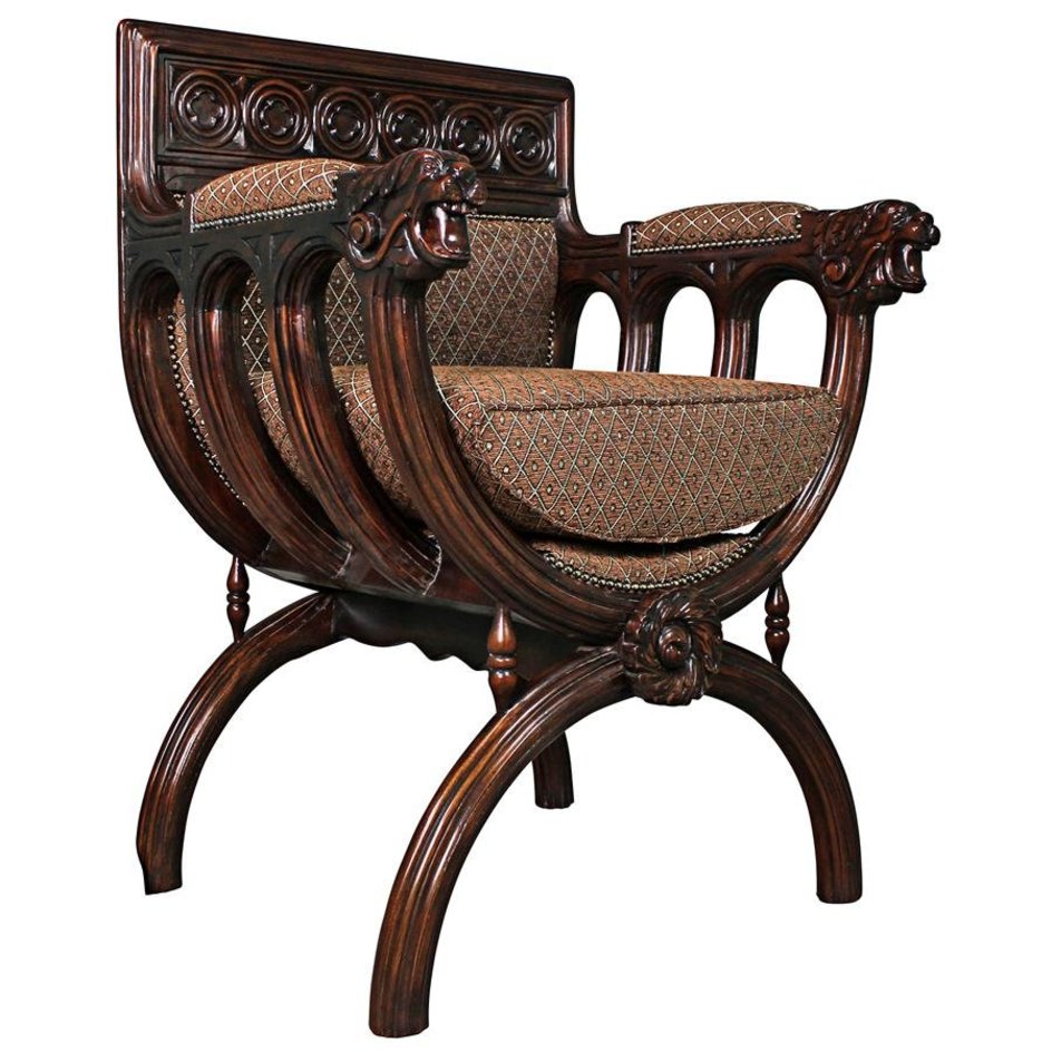 ALDO Chairs Medieval Renaissance Style San Lorenzo Hand Carved Solid Mahogany Cross Frame Armchair