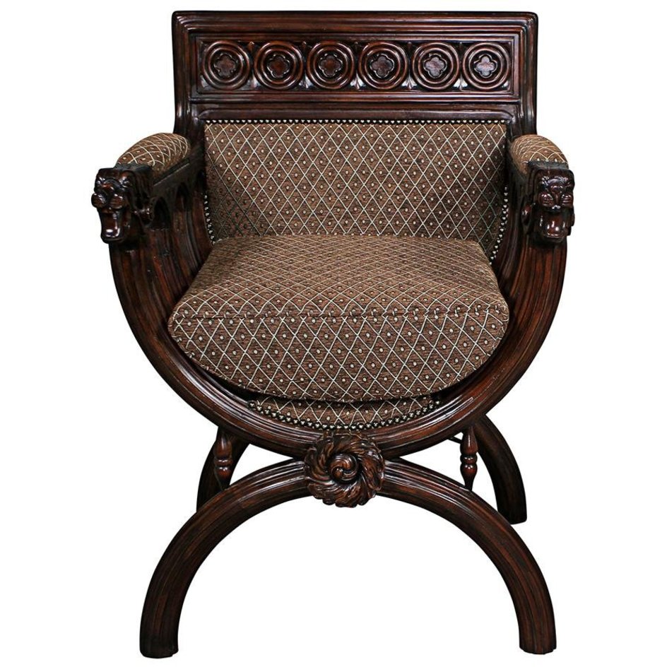 ALDO Chairs Medieval Renaissance Style San Lorenzo Hand Carved Solid Mahogany Cross Frame Armchair