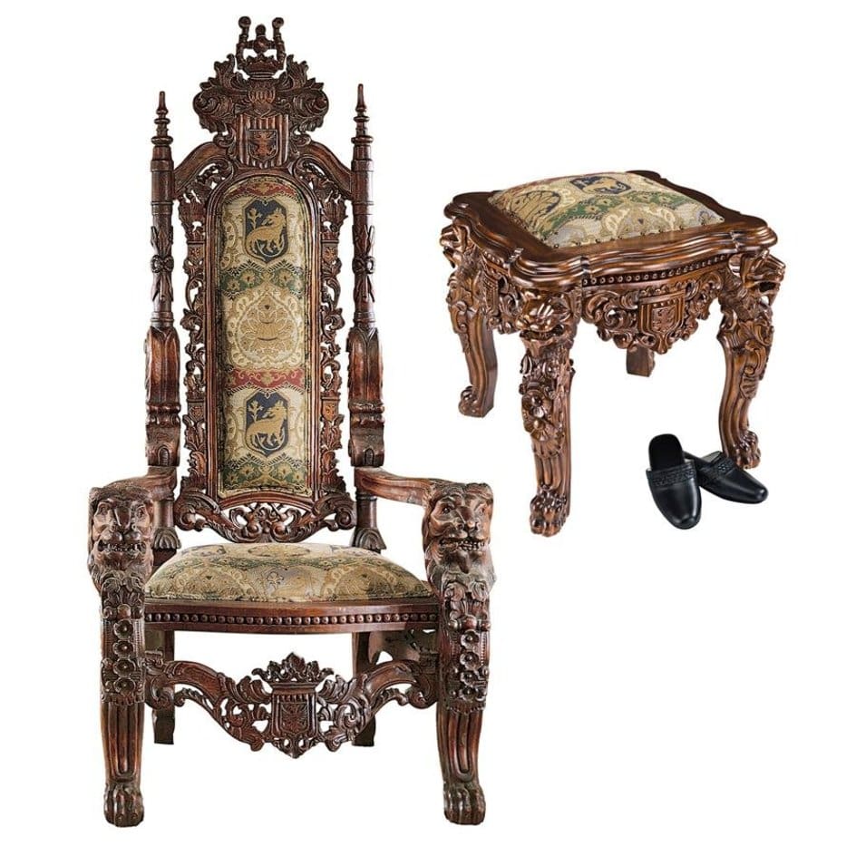 ALDO Chairs Throne 26"Wx24.5"Dx54"H    Stool: 24"Wx24"Dx24.5"H. 35 l / NEW / wood Medieval Antique Replica Solid Mahogany Throne Arm Chair and Ottoman Set By Artist Lord Raffles