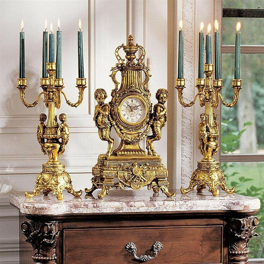 ALDO Clocks Desk & Shelf Clocks Golden Rococo Grand Mantel Clock And Candelabras Angels Cherubs  Assembly