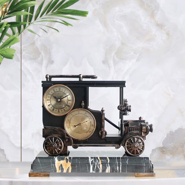 ALDO Clocks NEW / resin / Black Vintage Automobile Car Ford T-4 Desktop Quartz Alarm Clock With Thermometer  and Roman Numeral Display