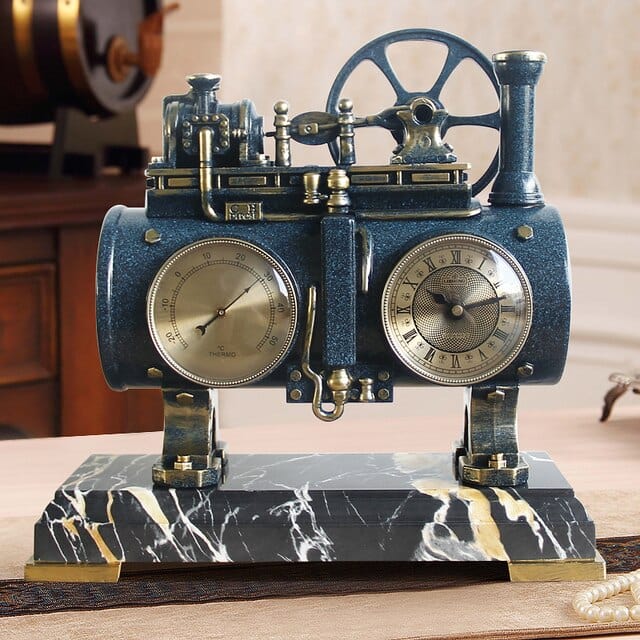 ALDO Clocks NEW / resin / Blue Retro Vintage Steam Engine Desktop Quartz Alarm Clock With Thermometer  and Roman Numeral Display