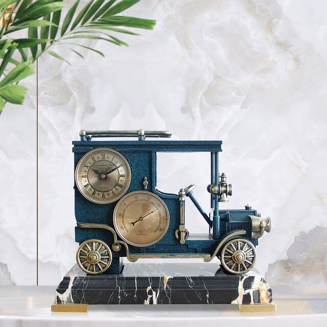 ALDO Clocks NEW / resin / Blue Vintage Automobile Car Ford T-4 Desktop Quartz Alarm Clock With Thermometer  and Roman Numeral Display