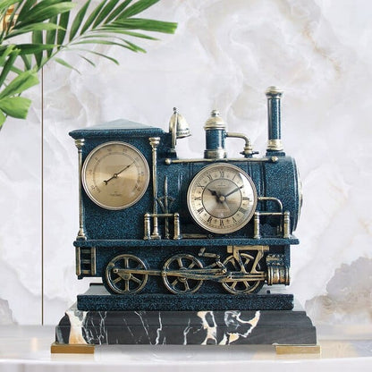 ALDO Clocks NEW / resin / Blue Vintage Train Desktop Quartz Alarm Clock With Thermometer and Roman Numeral Display