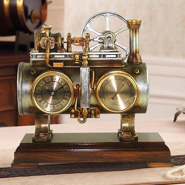 ALDO Clocks NEW / resin / Bronze Retro Vintage Steam Engine Desktop Quartz Alarm Clock With Thermometer  and Roman Numeral Display