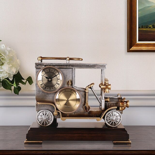 ALDO Clocks NEW / resin / Bronze Vintage Automobile Car Ford T-4 Desktop Quartz Alarm Clock With Thermometer  and Roman Numeral Display