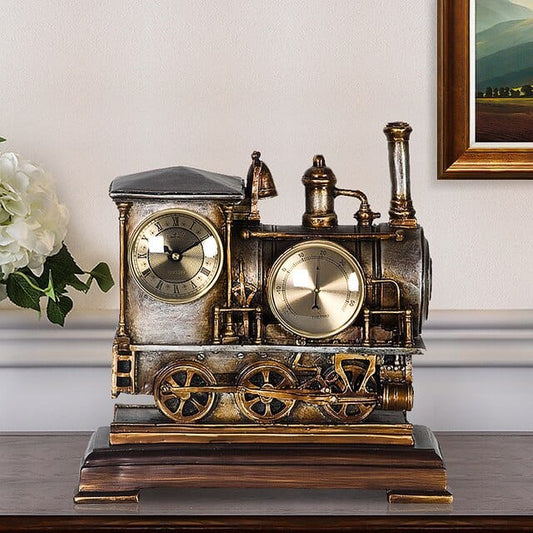 ALDO Clocks NEW / resin / Bronze Vintage Train Desktop Quartz Alarm Clock With Thermometer and Roman Numeral Display