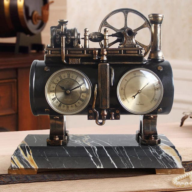 ALDO Clocks NEW / resin / Brown Retro Vintage Steam Engine Desktop Quartz Alarm Clock With Thermometer  and Roman Numeral Display