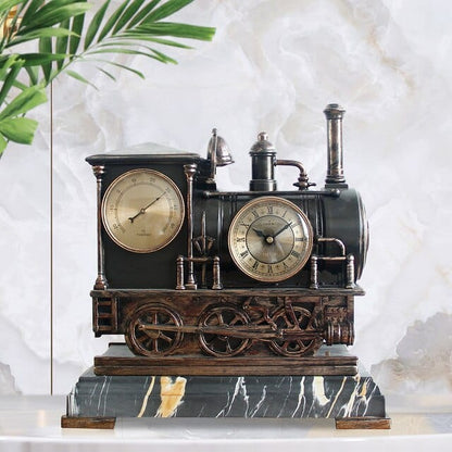 ALDO Clocks NEW / resin / Brown Vintage Train Desktop Quartz Alarm Clock With Thermometer and Roman Numeral Display
