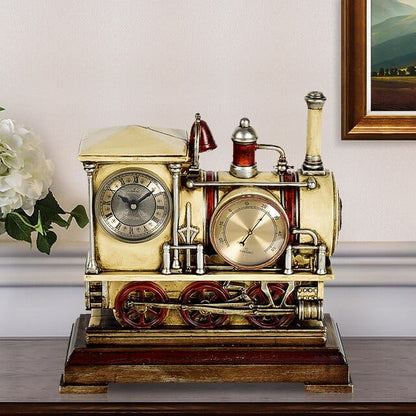 ALDO Clocks NEW / resin / Yellow Vintage Train Desktop Quartz Alarm Clock With Thermometer and Roman Numeral Display